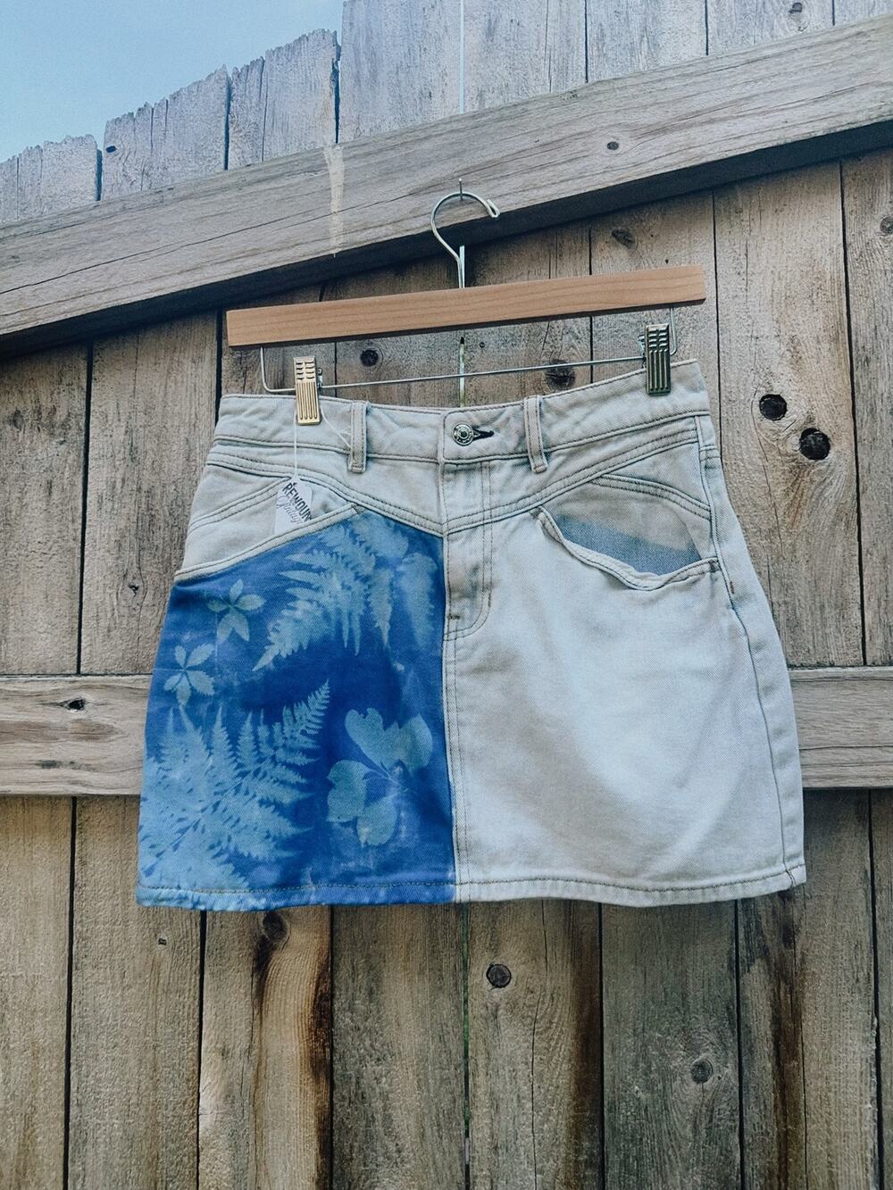one of one sunprinted jean skirt | size 26 | botanical cyanotype – Size 26